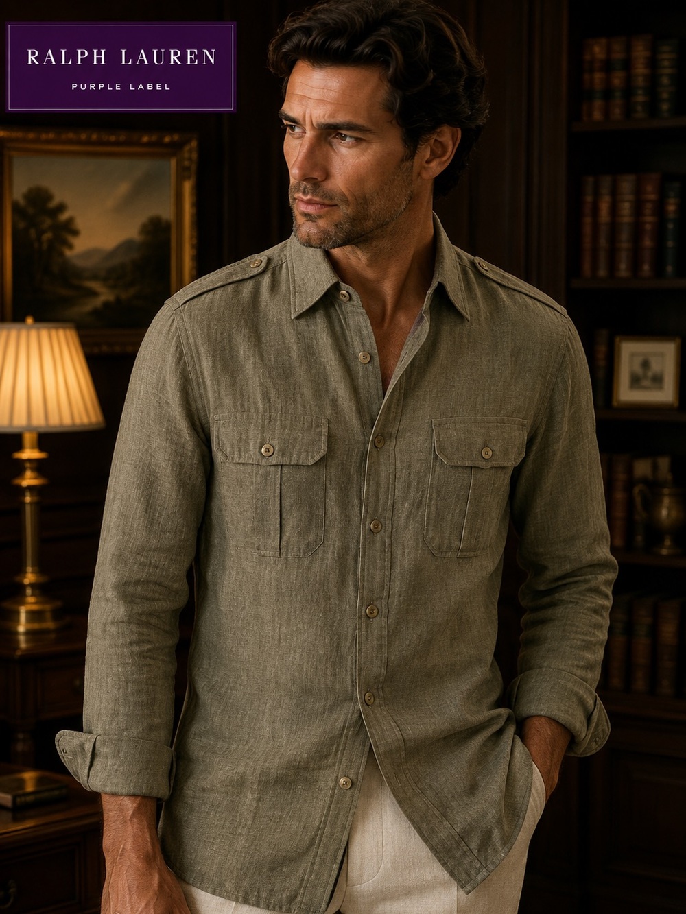 Ralph Lauren Purple Label Olive Linen Safari Casual Button-Down Shirt NWT